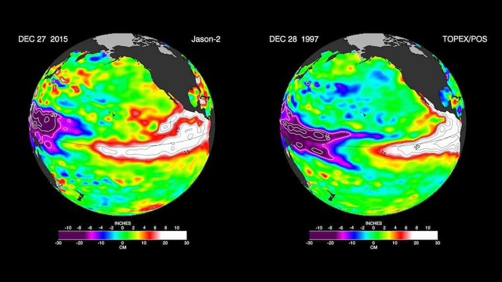 À gauche, une récente image réalisée par le satellite Jason-2 et, à droite, une autre image prise par Topex/Poseidon à la même période de l'année il y a 18 ans, lors du mémorable épisode de l’hiver 1997-1998. Les couleurs indiquent les différences d’élévation des eaux en surface, différences induites par les températures. En violet, les eaux les plus froides (jusqu’à -30 cm), en rouge et en blanc, les eaux les plus chaudes (entre 15 et 30 cm). © Nasa, JPL-Caltech