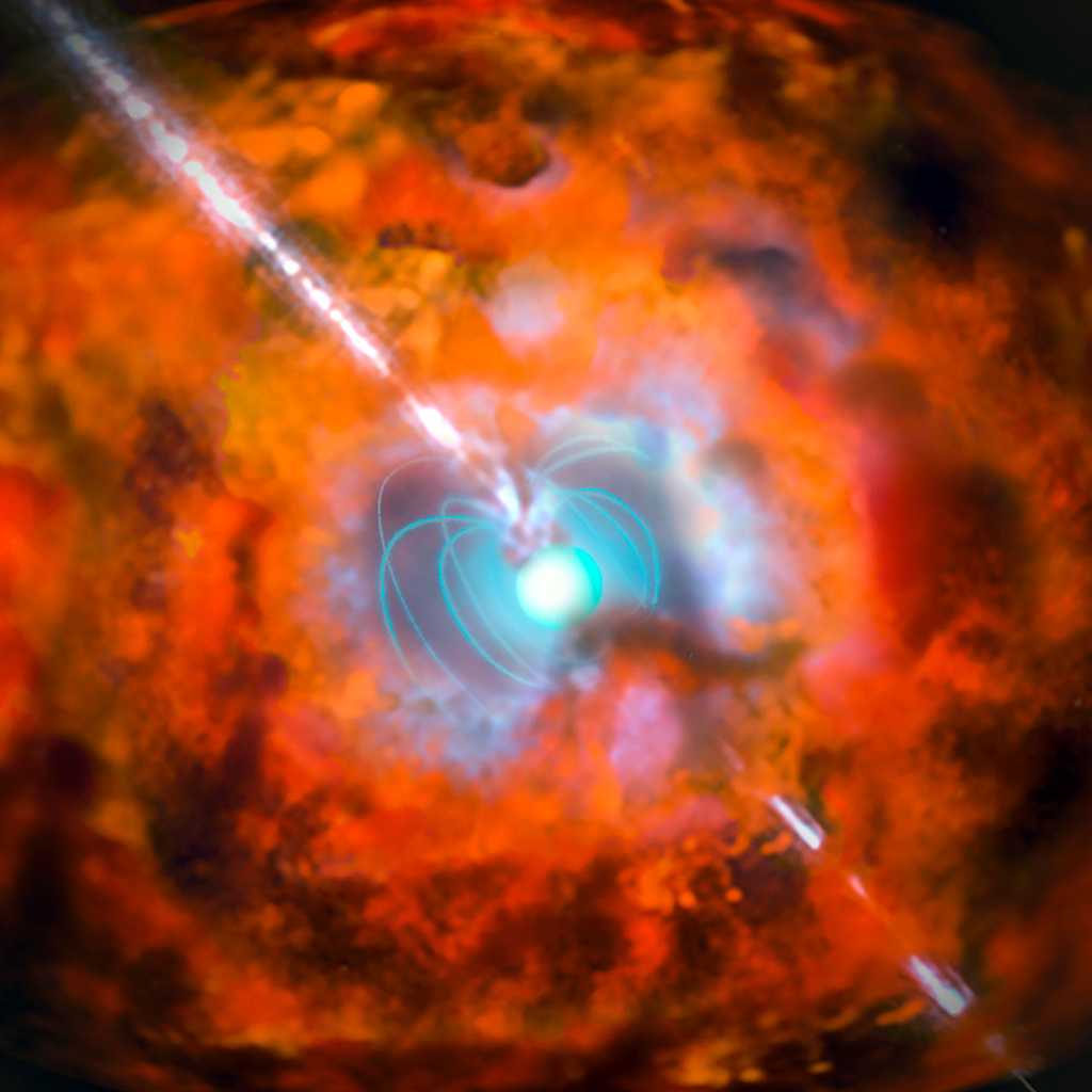 Illustration d’un sursaut gamma et d’une supernova alimentés par un magnétar. © Eso