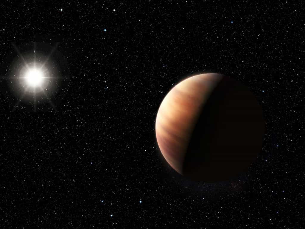 Cette illustration montre une géante gazeuse jumelle de Jupiter récemment découverte autour d’un jumeau solaire, HIP 11915. La planète est dotée d’une masse semblable à celle de Jupiter et orbite autour de son étoile-hôte à une distance voisine de celle qui sépare Jupiter du Soleil. Par ailleurs, la composition de HIP 11915 est semblable à celle de notre étoile. Tous ces éléments mis ensemble laissent entrevoir la possibilité que ce système planétaire présente quelques similitudes avec notre Système solaire, comme de petites planètes rocheuses dans les régions intérieures. © Eso, L. Benassi