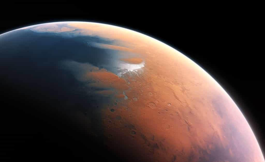 Cette illustration suggère l’environnement humide de Mars voici 4 milliards d’années. La toute jeune planète devait renfermer suffisamment d’eau liquide pour que l’intégralité de sa surface en soit couverte, sur une hauteur d’environ 140 m. Il semble plus probable toutefois que l’eau liquide se soit constituée en un océan occupant près de la moitié de l’hémisphère nord de la planète. En certaines régions, la profondeur de cet océan pouvait dépasser 1,6 km. © Eso, M. Kornmesser