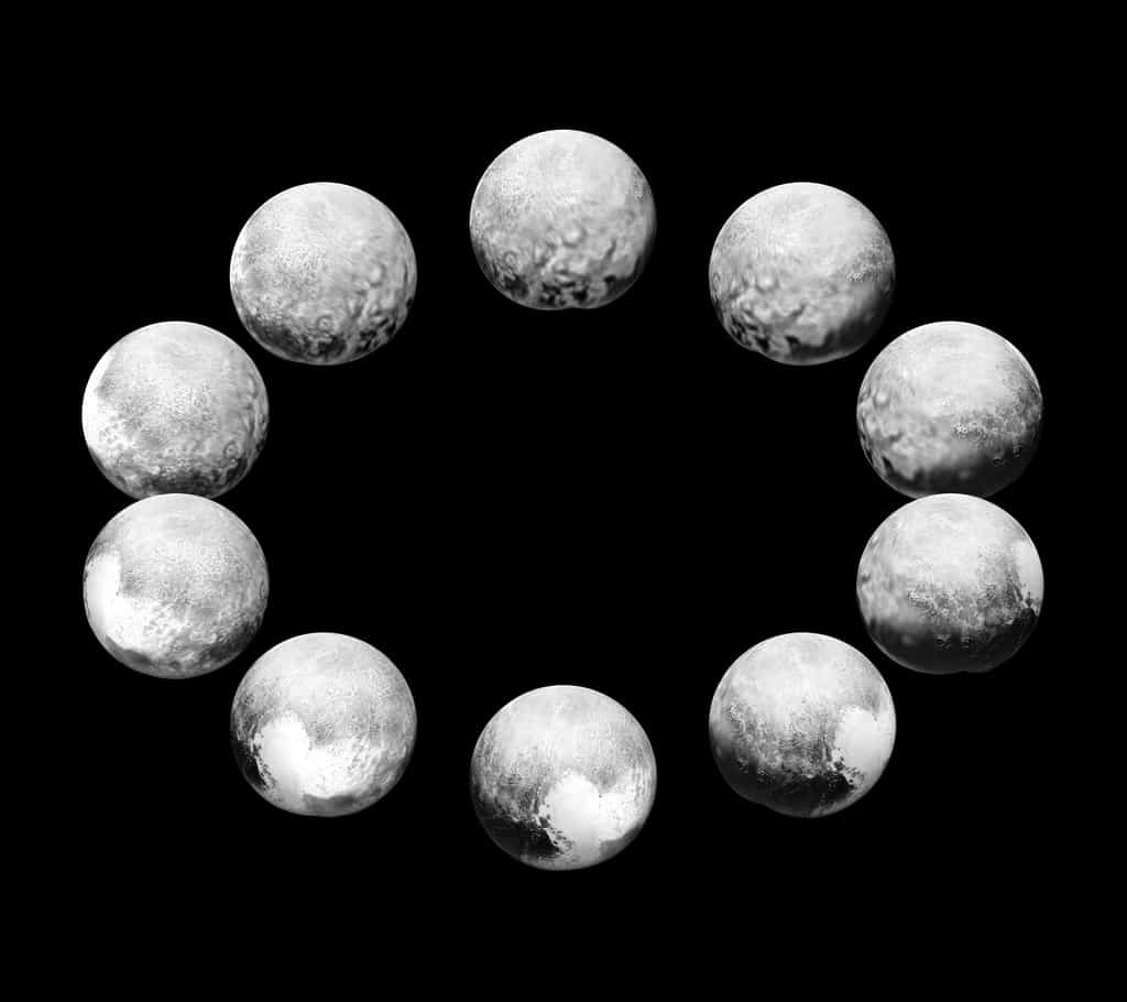 Une rotation complète de Pluton, un jour plutonien, soit 6,4 jours. À mesure que New Horizons se rapproche, la résolution s’améliore. Seulement de passage, la sonde a survolé au plus près, le 14 juillet, la tache claire en forme de cœur : Tombaugh regio visible ici en bas du cadran. L’image composite à 3 h a été prise le 7 juillet à 8 millions de km et celle à 6 h, correspondant à l’« hémisphère de rencontre », le 14 juillet. © Nasa, JHUAPL, SwRI 