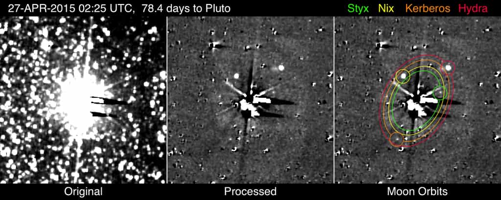 L’instrument Lorri qui équipe la sonde New Horizons a photographié pour la première fois, entre le 25 avril et le 1er mai 2015, les plus petits satellites connus gravitant dans le système Pluton-Charon. Le temps de pose de chaque image est de 10 secondes. Elles ont été traitées de sorte que le bruit électronique de la caméra soit gommé au maximum. Les différentes taches blanches visibles sont dues aux mouvements du vaisseau, aux étoiles de l’arrière-plan et à d’autres artefacts. Cette image composite est extraite de l’animation publiée par le JHUAPL (disponible ici en gif). © Nasa, JHUAPL, SwRI