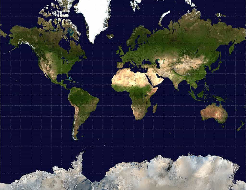 Mappemonde en projection de Mercator. © Mdf, Wikimedia Commons, domaine public