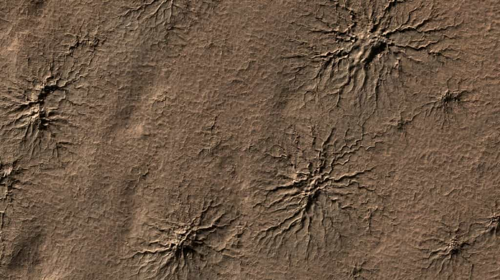 Structures en forme d'araignées observées à la surface de Mars. Ici, une image prise en 2009 par la sonde de la Nasa Mars Reconnaissance Orbiter. © NASA, JPL-Caltech, University of Arizona