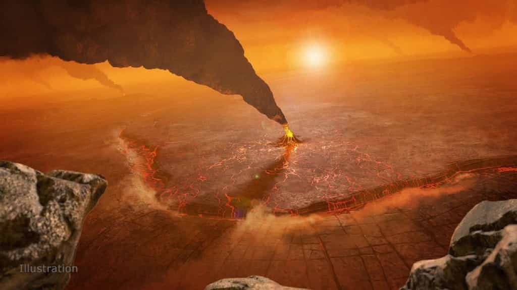 Vue d'artiste de la surface de Vénus et des éruptions volcaniques ayant lieu au niveau des coronae, qui feraient office de centre d'évacuation de la chaleur interne de la planète © Nasa, JPL-Caltech, Peter Rubin