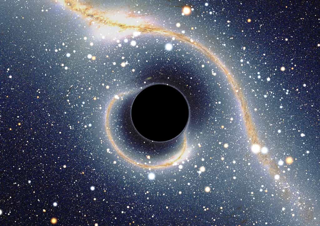 Les trous noirs stellaires peuvent signaler leur présence par des effets de lentilles gravitationnelles, comme on peut le voir sur cette simulation en image de synthèse. Cependant, des trous noirs beaucoup moins massifs, par exemple de la masse d'une petite montagne et nés au moment du Big Bang, devraient être très lumineux aujourd'hui à cause de l'effet Hawking. On les cherche. © Alain Riazuelo