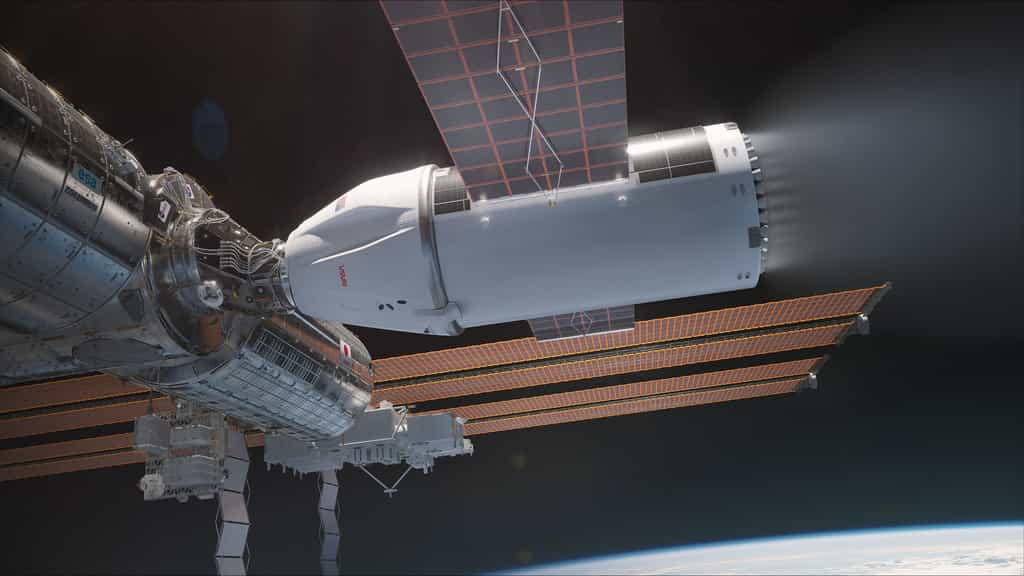 Vue d'artiste de l'USDV amarré à l'ISS. © SpaceX