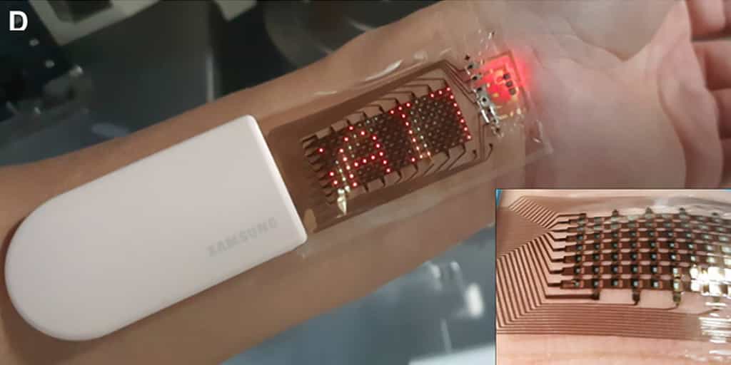 Dans l’avenir, les bracelets d’activités seront peut-être de simples pansements transparents appliqués directement sur la peau. © Samsung