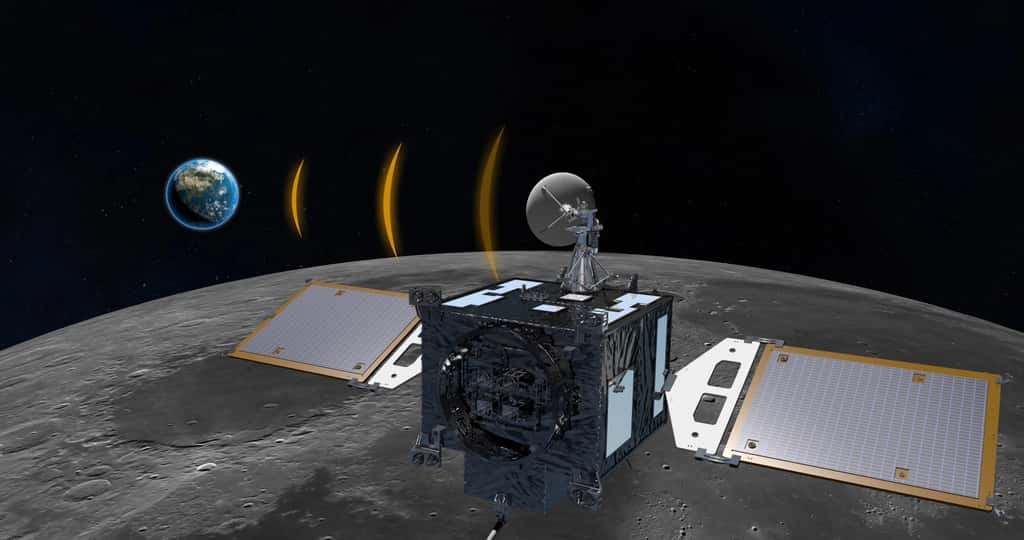 La sonde Danuri survole les régions de la Lune. Équipée de la performante ShadowCam, elle peut observer les recoins les plus obscurs de notre satellite naturel. © KARI