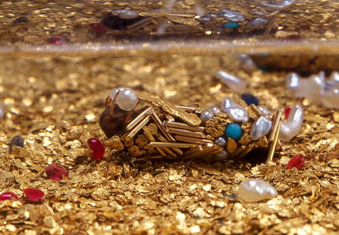 Phrygane sur lit d'or et de pierres précieuses en train de construire son fourreau. © Fabrice Gousset