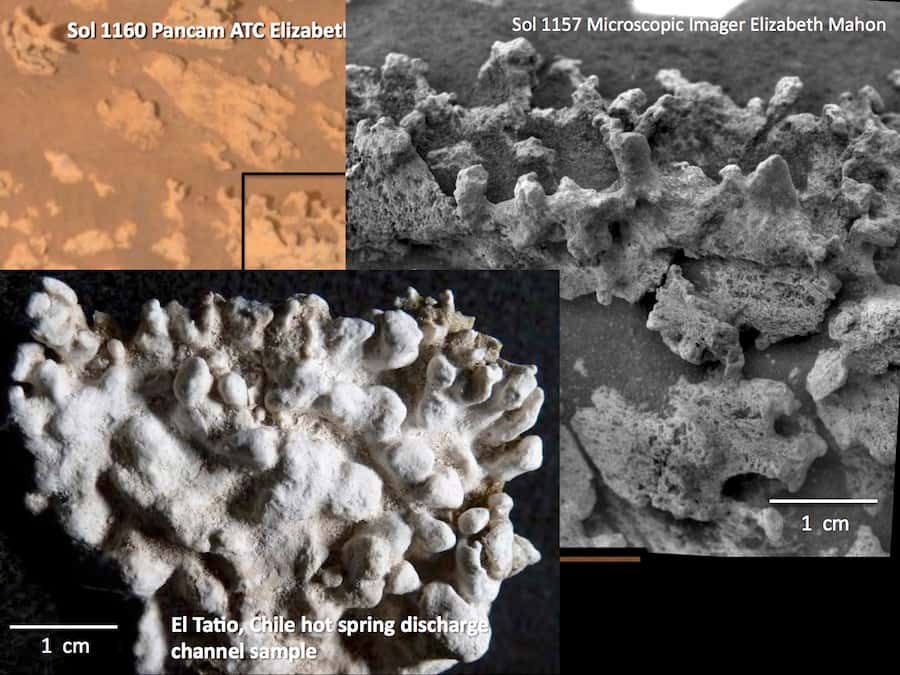Comparaison des structures de silice observées sur Mars par Spirit avec celles, en bas à gauche, trouvées dans le désert de l’Atacama, sur le site d’El Tatio. © Nasa, JPL-Caltech, <em>School of Earth and Space Exploration</em>, <em>Arizona State University</em>, Elizabeth Mahon