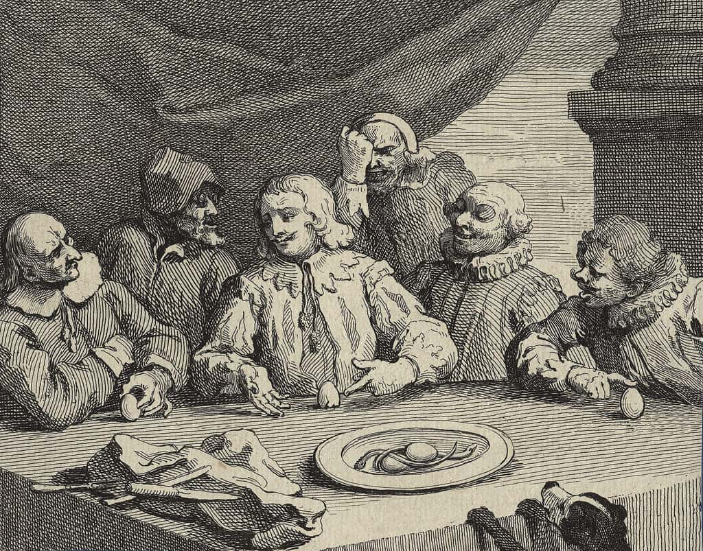 La démonstration de l'œuf de Colomb, illustrée par William Hogarth. © Domaine public