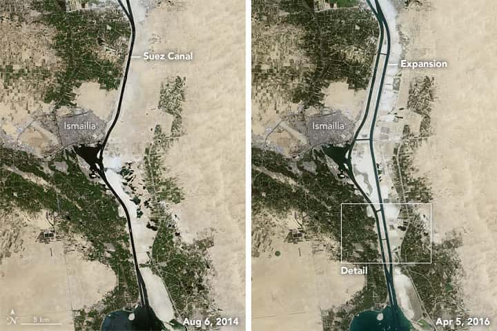 Selon les autorités du canal de Suez, l'achèvement du nouveau canal signifie que les temps d'attente passeraient de trois heures au lieu de huit à onze heures, et les temps de transit seraient de onze heures au lieu de dix-huit heures. © Nasa