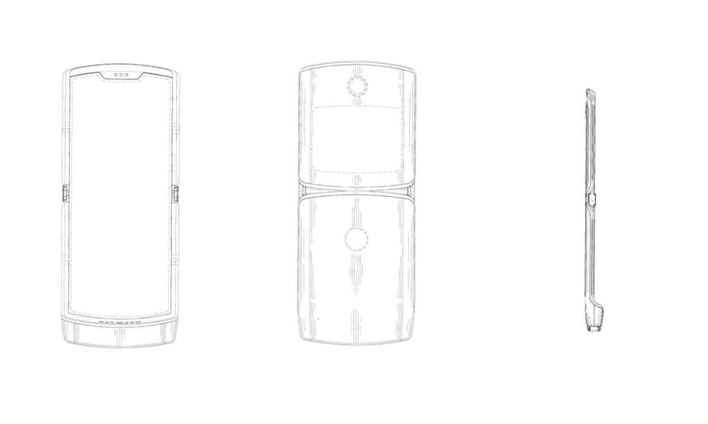 Les croquis, liés au brevet déposé par Motorola, laissent deviner un petit écran en façade pour compléter l'écran pliable situé à l'intérieur du téléphone © Motorola