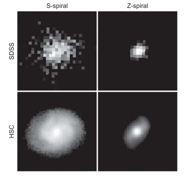Comparaison des images de la <em>Sloan Digital Sky Survey</em> (SDSS) et de l'Hyper Suprime-Cam (HSC) du télescope Subaru. © HSC-SSP, SDSS