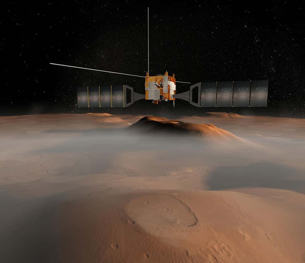 Représentation 3D de Mars Express survolant la Planète rouge. © ESA, Nasa