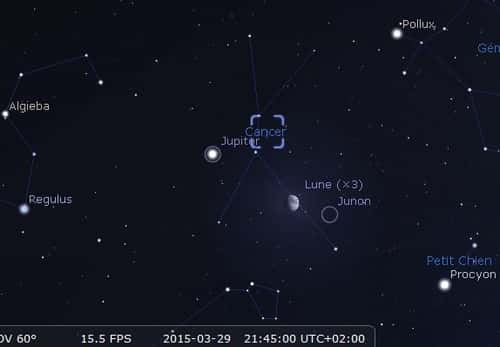 La Lune en rapprochement avec l'amas de la Crèche, Junon et Jupiter