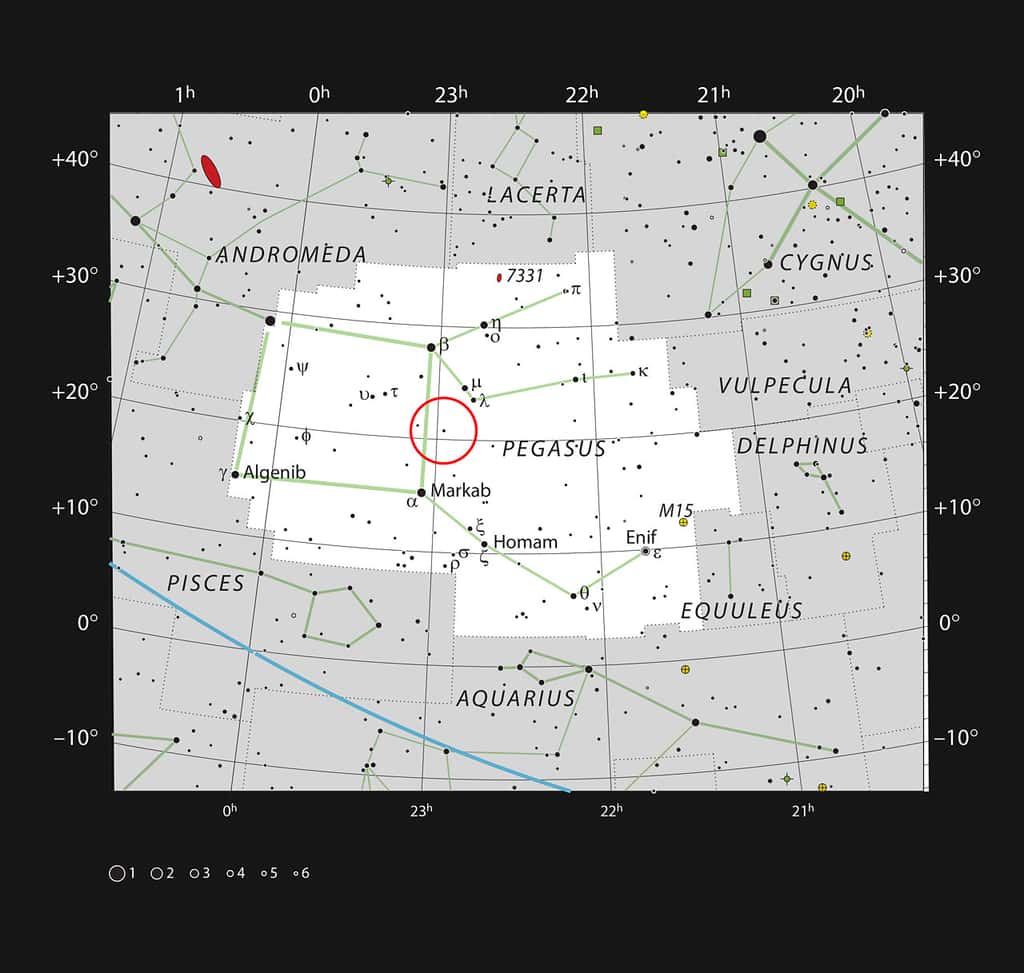Cette carte montre la constellation de Pégase (le Cheval ailé), très étendue dans le ciel boréal. L'étoile 51 Pegasi, peu lumineuse au point d'être insignifiante et difficilement observable à l'œil nu, est entourée d'un cercle rouge. © ESO, <em>IAU and Sky &amp; Telescope</em>