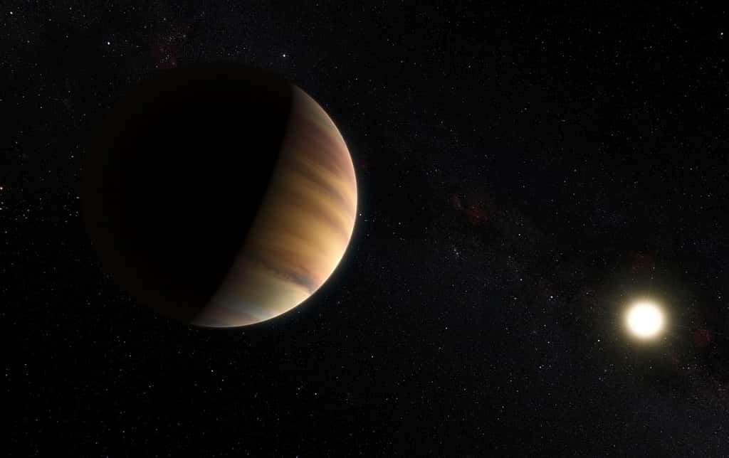Cette vue d'artiste montre l'exoplanète 51 Pegasi b de type Jupiter chaud, en orbite autour d'une étoile située à quelque 50 années-lumière de la Terre dans la constellation boréale de Pégase (le Cheval ailé). Elle fut la toute première exoplanète découverte autour d'une étoile ordinaire en 1995.  © ESO/M. Kornmesser/Nick Risinger 