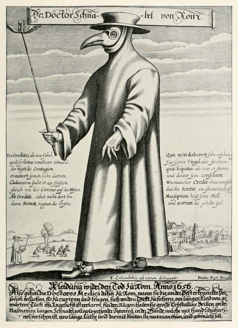 Le docteur de peste, ainsi que le dépeint l'illustration accompagnant le poème satirique « Doctor Schnabel von Rom ». © Paul Fürst, Domaine public, <em>Wikimedia Commons</em>