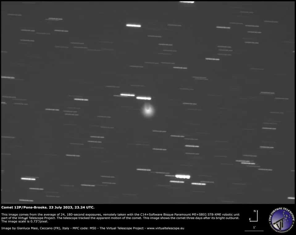 La comète P12/Pons-Brooks, temporairement dotée de deux aspérités lumineuses. © <em>The Virtual Telescope</em>, Gianluca Masi