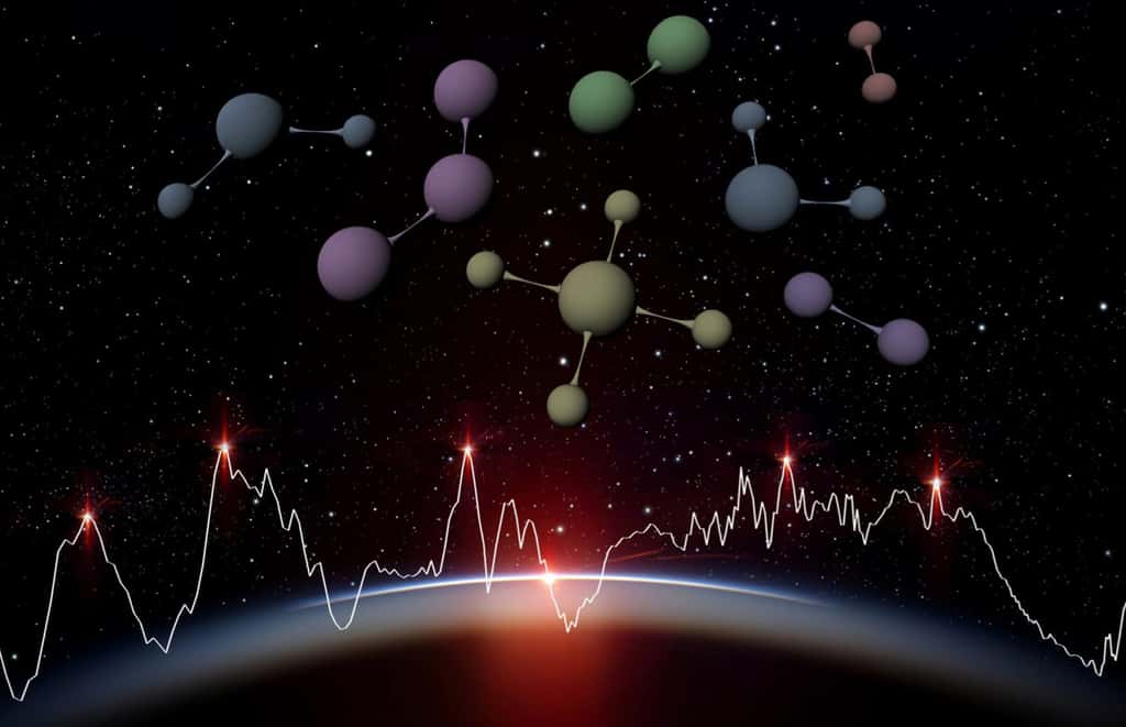  La lumière de l’étoile hôte d’une exoplanète observée par Ariel est filtrée par l’atmosphère de la planète qui se trouve sur la ligne de visée entre le télescope et l’étoile. Ariel détectera ainsi les molécules présentes dans les atmosphères de 1.000 exoplanètes grâce à des observations spectroscopiques : la lumière est dispersée à la façon d’un arc-en-ciel, et permet de mesurer la luminosité émise en fonction de la longueur d’onde ; on peut alors repérer des raies caractéristiques des atomes et molécules connues sur Terre. Ces observations permettent de déduire la composition chimique, la température et la pression dans l’atmosphère de la planète observée. © ESA, C. Carreau, ATG medialab