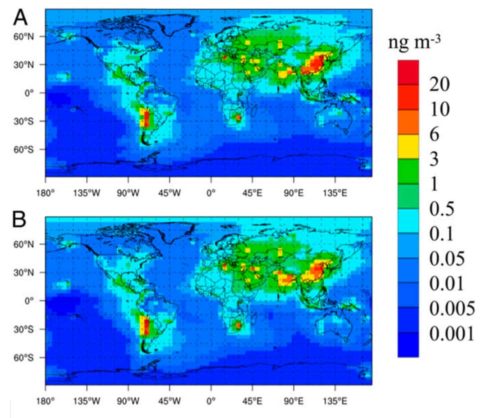 Concentrations d'arsenic atmosphérique en 2005 (A) et en 2015 (B) au niveau mondial. © Lei Zhang et al. 