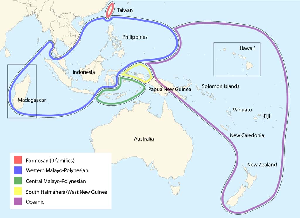 Les langues austronésiennes se répartissent sur une vaste aire géographique, autour de l'océan Indien jusqu'à l'océan Pacifique. © Stefano Coretta, Wikimedia Commons