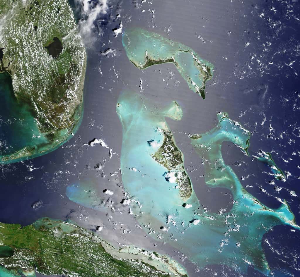 Sur cette image, on voit en haut à gauche la Floride et en bas Cuba. Le Grand Banc des Bahamas est bien visible au milieu, avec les îles de l’archipel d’Andros. Juste au-dessus, on voit le Petit Banc des Bahamas. © Nasa