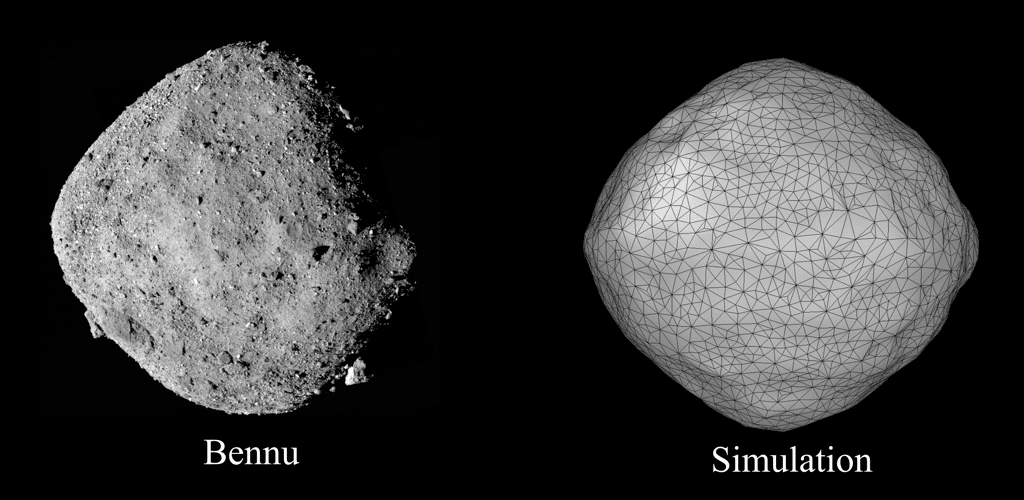 L'astéroïde Bennu, à gauche, comparé à une simulation utilisant le modèle des scientifiques de l'Oist et de l'Université Rutgers. Comme on peut le voir, la forme de la simulation correspond à celle de Bennu. © Sabuwala et <em>al.</em>, 2021