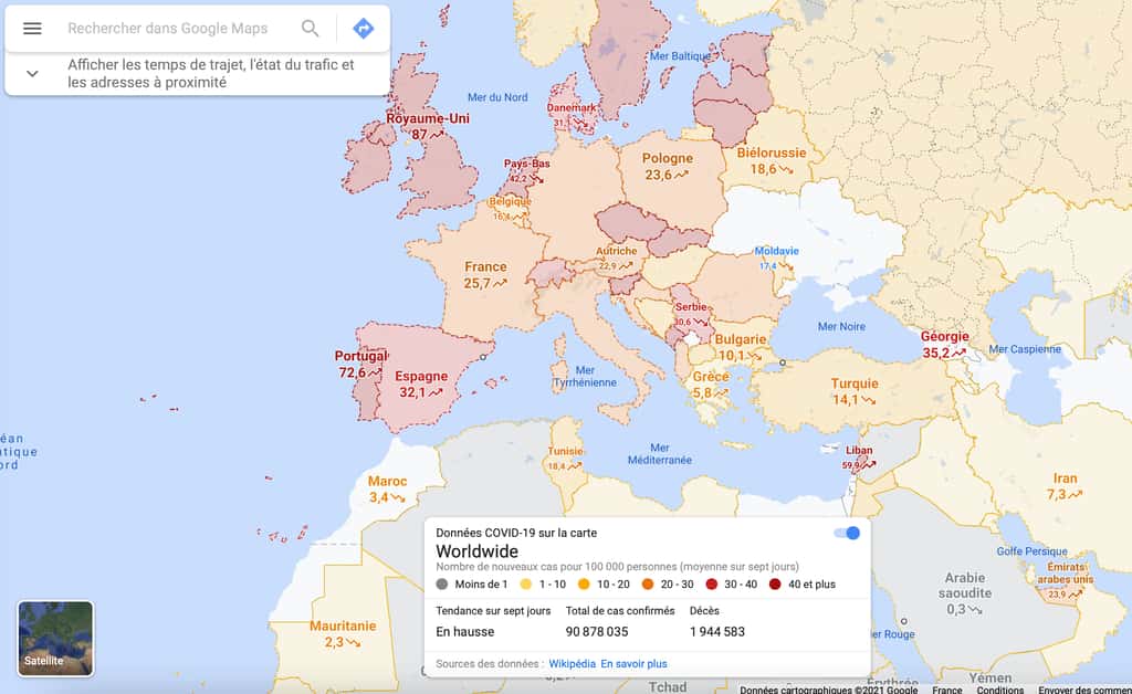Visualisation de la pandémie en cours sur Google Maps.