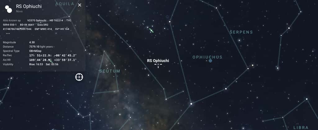 Position de RS Ophiuchi dans la constellation du Serpentaire. © Stellarium