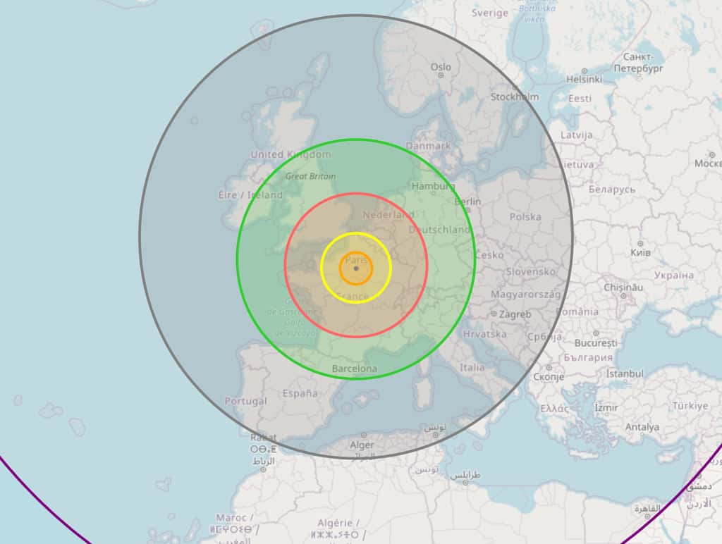 L'impact d'un astéroïde de 8.000 mètres de diamètre s'écrasant sur Paris provoquerait la destruction d'une partie de l'Europe de l'Ouest. © <em>Asteroid Collision Map</em>
