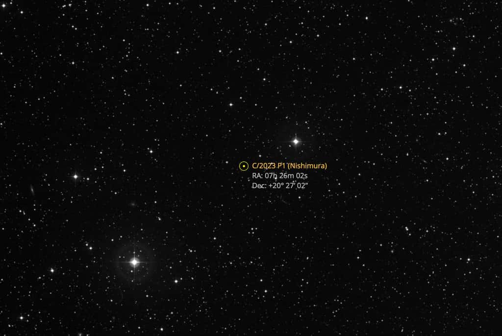 Nishimura est encore loin, à plus de 230 millions de kilomètres de nous, dans la constellation des Gémeaux. © TheSkyLive