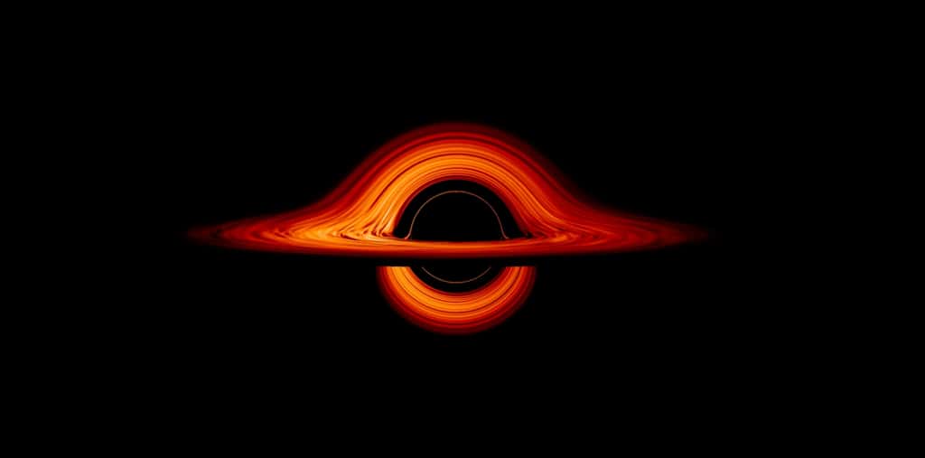Représentation d'un trou noir selon des modélisations 3D menées par la Nasa. On observe le disque d'accrétion distordu par la gravitation. © Nasa