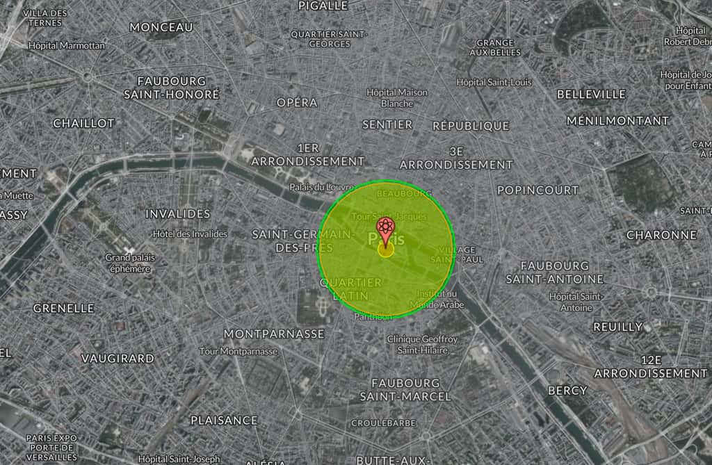 Une bombe de 3 kt détruirait une vaste portion de la ville de Paris. © Nukemap