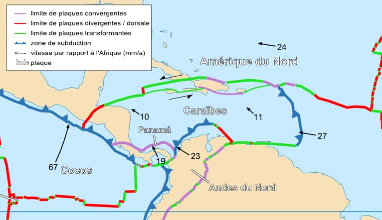 Les séismes mesurés proviennent d'un déplacement de la plaque transformante entre les Caraïbes et l'Amérique du Nord. © Sting et Rémih, <em>Wikimedia Commons</em>, CC by-sa 3.0
