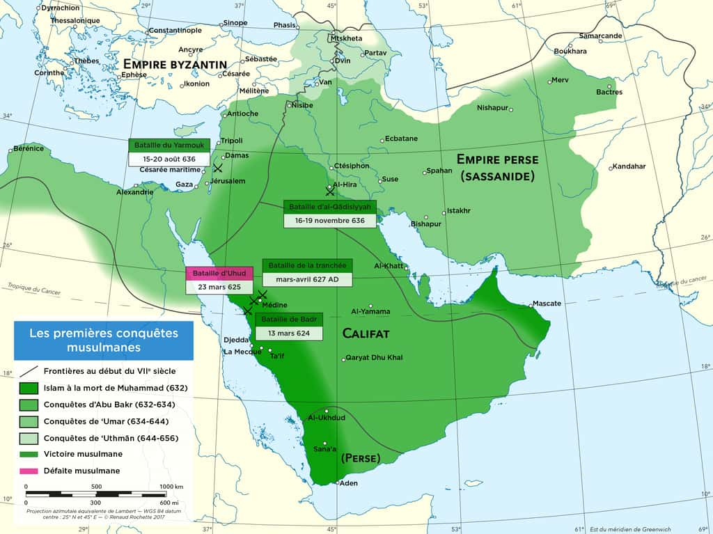 En quelques décennies, les conquêtes musulmanes se sont étendues de la péninsule arabique à la Perse, jusqu’au Levant et en Égypte. © HistoCartes, Institut européen en sciences des religions 