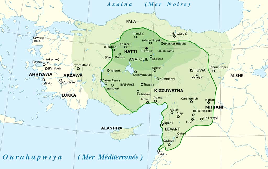 Carte de l'empire hittite, d'après les frontières connues en 1 350 avant J.-C. © Claude Zygiel, <em>Wikimedia Commons</em>