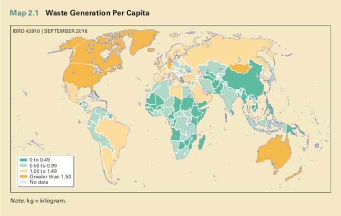 La production de déchets par pays, en kg par jour et par habitant. © Banque Mondiale