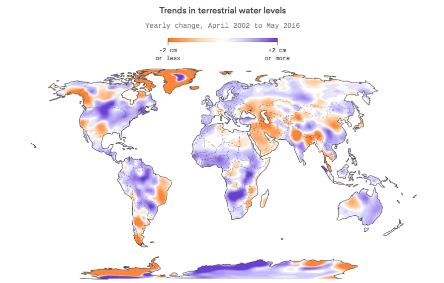 Cette carte montre les variations des niveaux des réserves d'eau douce. En orange, les régions qui ont le plus perdu d'eau et en violet celles qui en ont gagné. © Harry Stevens, Axios, carte adaptée de M. Rodell <em>et al.</em>, 2018