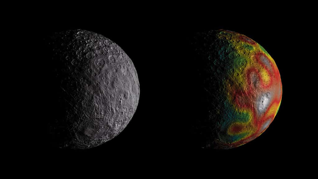 Des mesures de la variation du champ de gravité de Cérès (image en couleurs) renseignent les scientifiques sur la structure interne de Cérès. Elles suggèrent que cette planète naine a pu avoir dans son passé un océan global. © Nasa/JPL-Caltech/UCLA/MPS/DLR/IDA