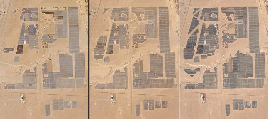 Ces trois images satellite, acquises en décembre 2015, février 2016 et janvier 2017 (de gauche à droite), montrent l'état d'avancement de la construction d'une ferme solaire située près de la ville chinoise de Golmud. © Planet