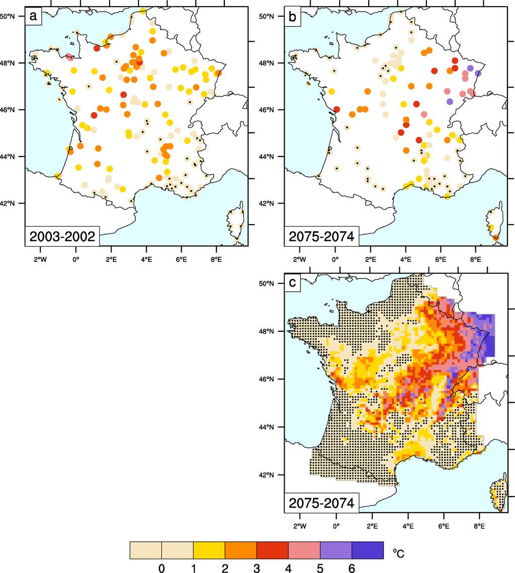 Cartes des records de chaleur en été en France métropolitaine. Les valeurs, en degrés Celsius, indiquent les écarts de températures entre les records de paires d'années. La carte a, en haut à gauche, montre les résultats (observés) pour 2002 et 2003. Les cartes b et c montrent les résultats pour les années 2074 et 2075 ; elles s'appuient sur la simulation Aladin-SCEN. La carte b montre les résultats regroupés par zones et la carte c les valeurs calculées pour chaque point de la grille. Les points noirs indiquent ceux où n'apparaît aucune différence de température notable entre les maxima de ces deux années. © Margot Bador <em>et al.</em>, <em>Environmental Research Letters</em>