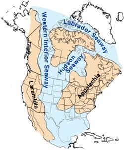 La mer de Niobraran, en anglais <em>Western Interior Seaway</em>, divisait l'Amérique du Nord en deux du milieu à la fin du Crétacé. Lui-même situé entre -145 et -66 millions d'années. © William Cobban and Kevin McKinney, USGS, Domaine public
