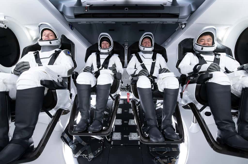 Le 23 avril 2021, une capsule Crew Dragon emportait pour la première fois un Européen vers l'ISS. De gauche à droite : Thomas Pesquet, Megan McArthur, Shane Kimbrough et Akihiko Hoshide. © Nasa, ESA, SpaceX
