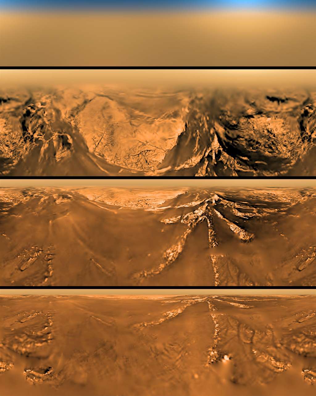 Panoramas, avec les couleurs reconstituées, réalisés à partir des photographies prises par la sonde Huygens le 13 janvier 2005 lors de sa descente dans l’atmosphère de Titan. © Nasa, JPL, Esa