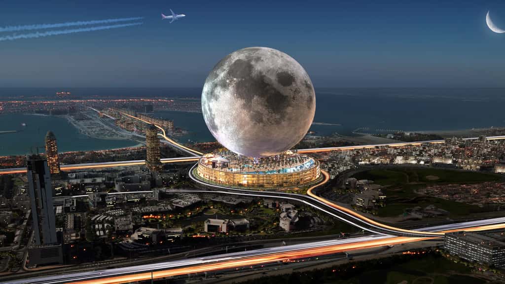 Si elle apparaît titanesque dans le paysage urbain de Dubaï, la structure Moon n'est qu'en phase de développement et ne verrait le jour qu'en 2027. © Moon World Resorts Inc. 