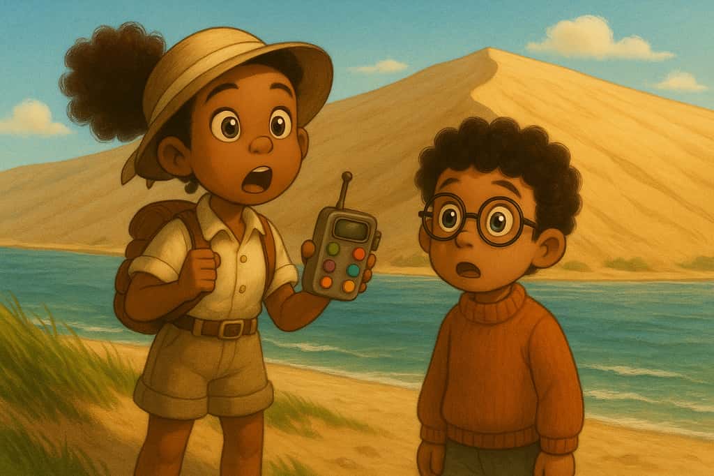 Zoé et Eliott devant la Dune du Pilat. © LP et XD, Chat GPT