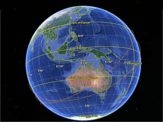 Prédiction de rentrée atmosphérique pour la fusée Longue Marche 5 (CZ-5B) © Google, SIO, NOAA, U.S. Navy, NGA, GEBCO, Copernicus, Image Landsat